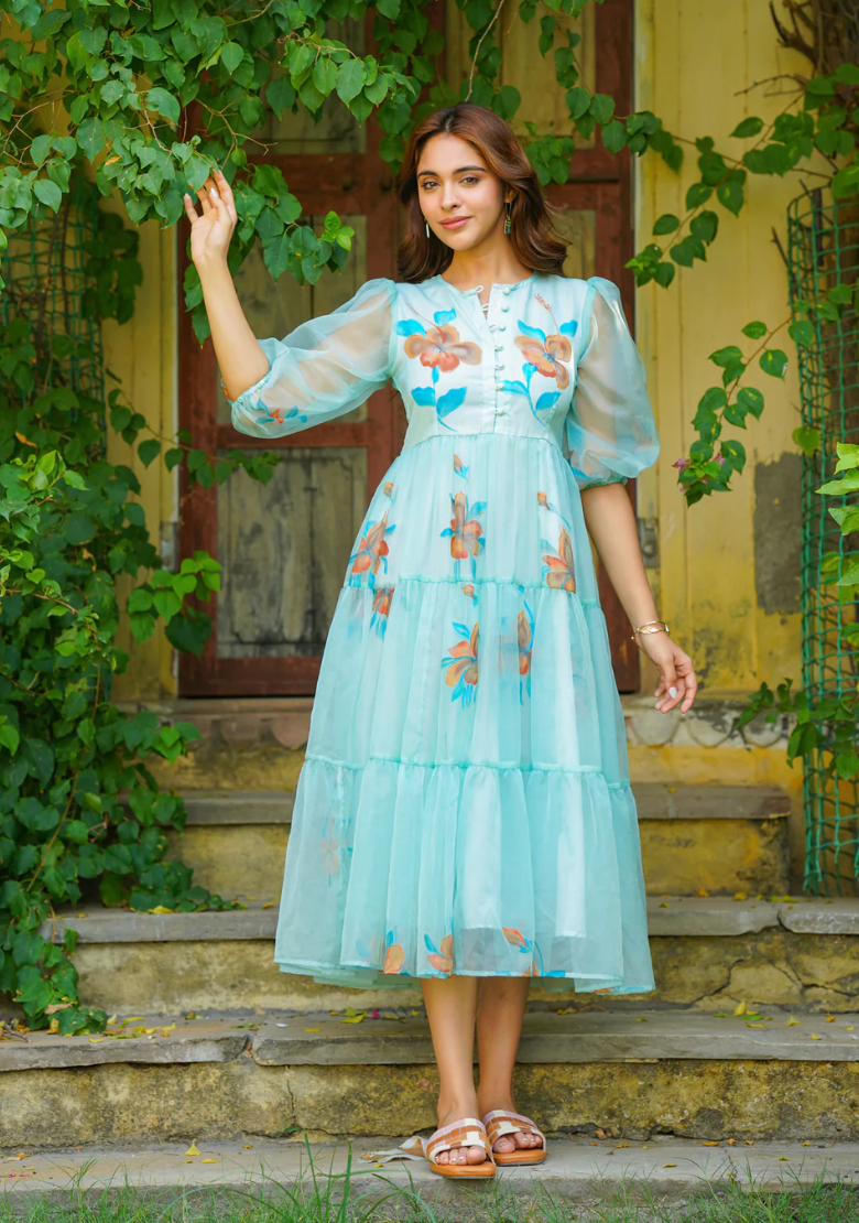 Turquoise Floral handpainted Dress