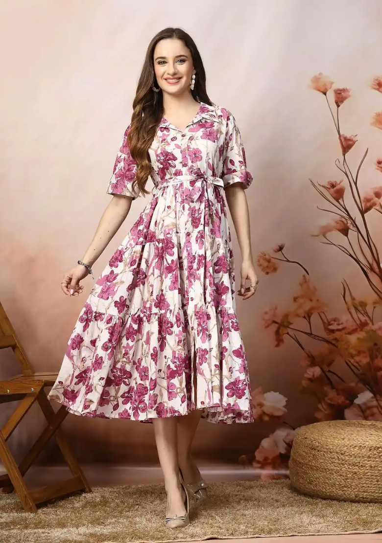 Floral Printed Chiffon Fit & Flare Midi Dress