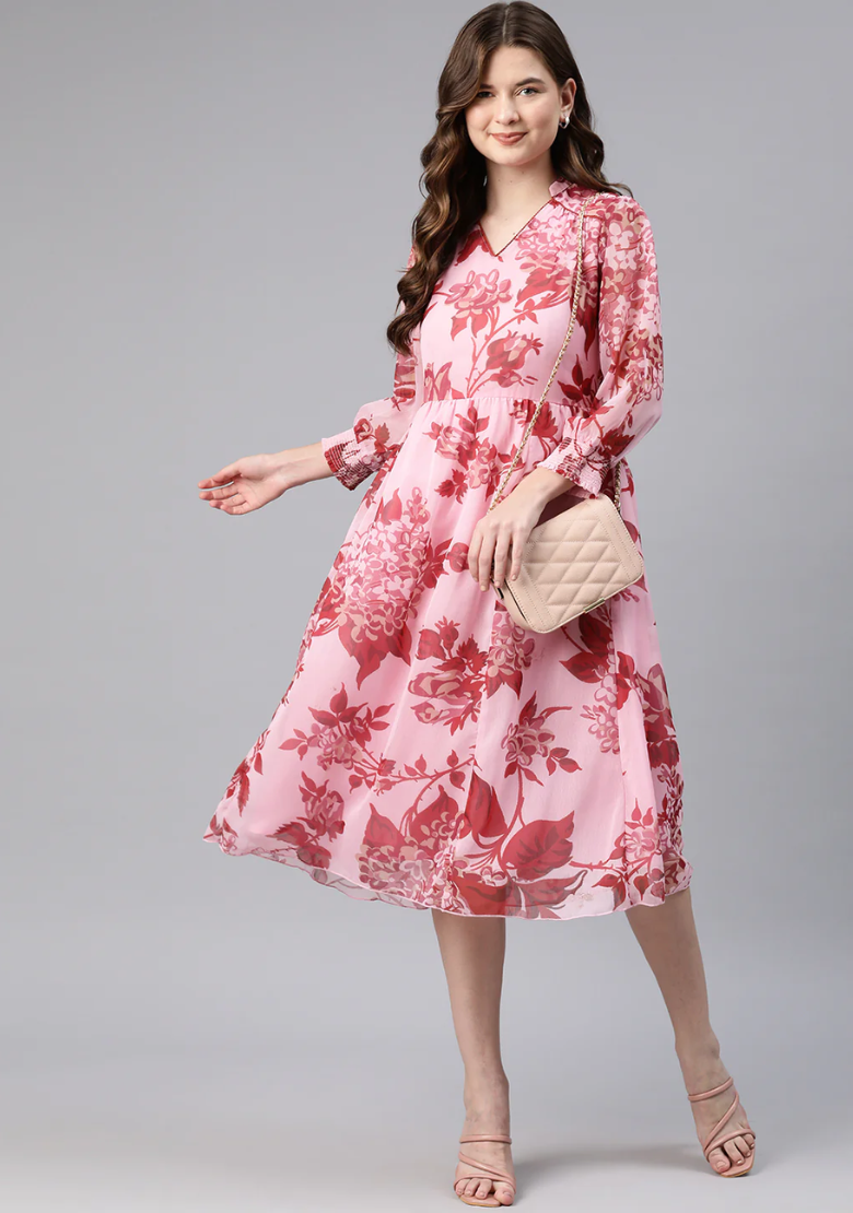 Floral Printed Chiffon Fit & Flare Midi Dress