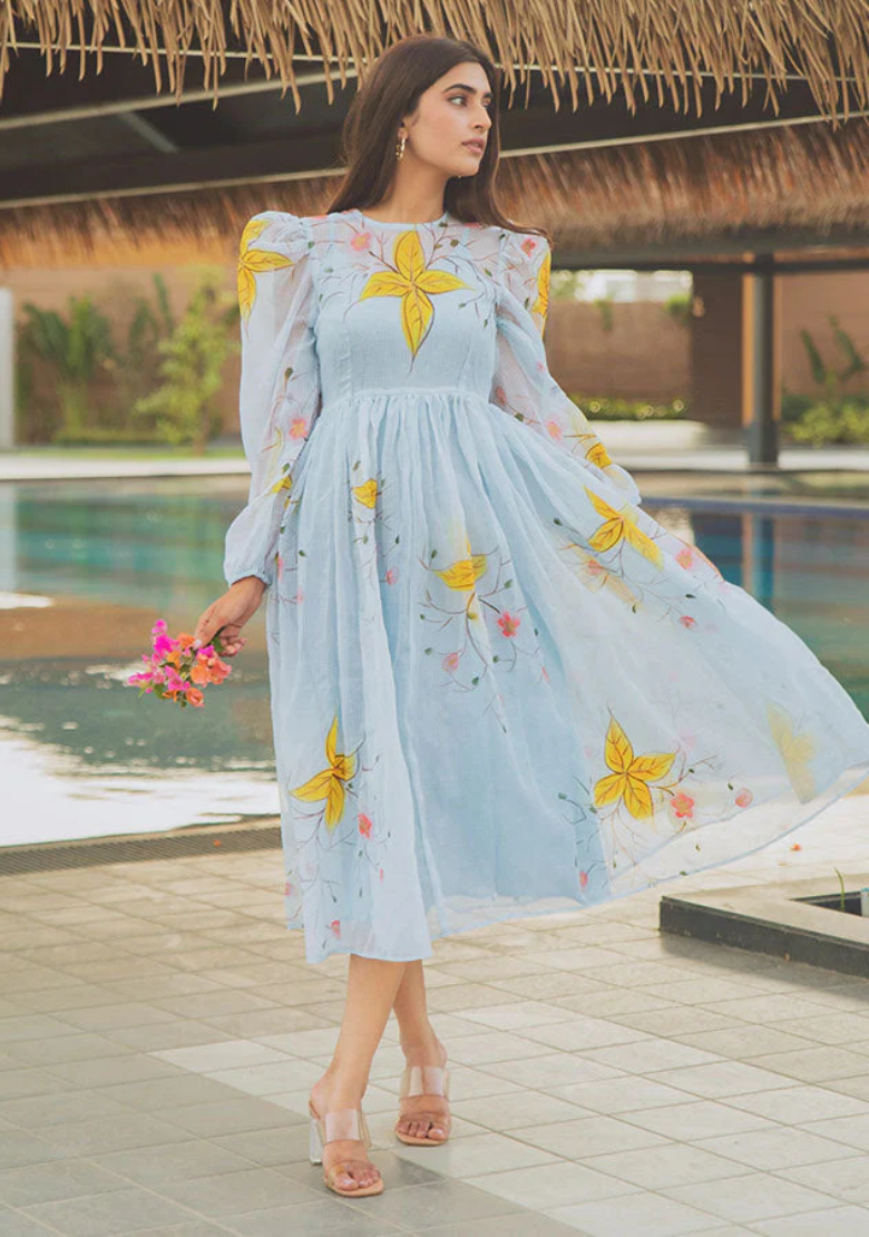 Turquoise Floral handpainted Dress