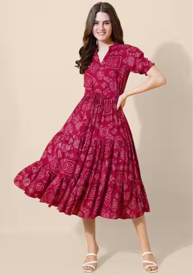 Floral Printed Chiffon Fit & Flare Midi Dress