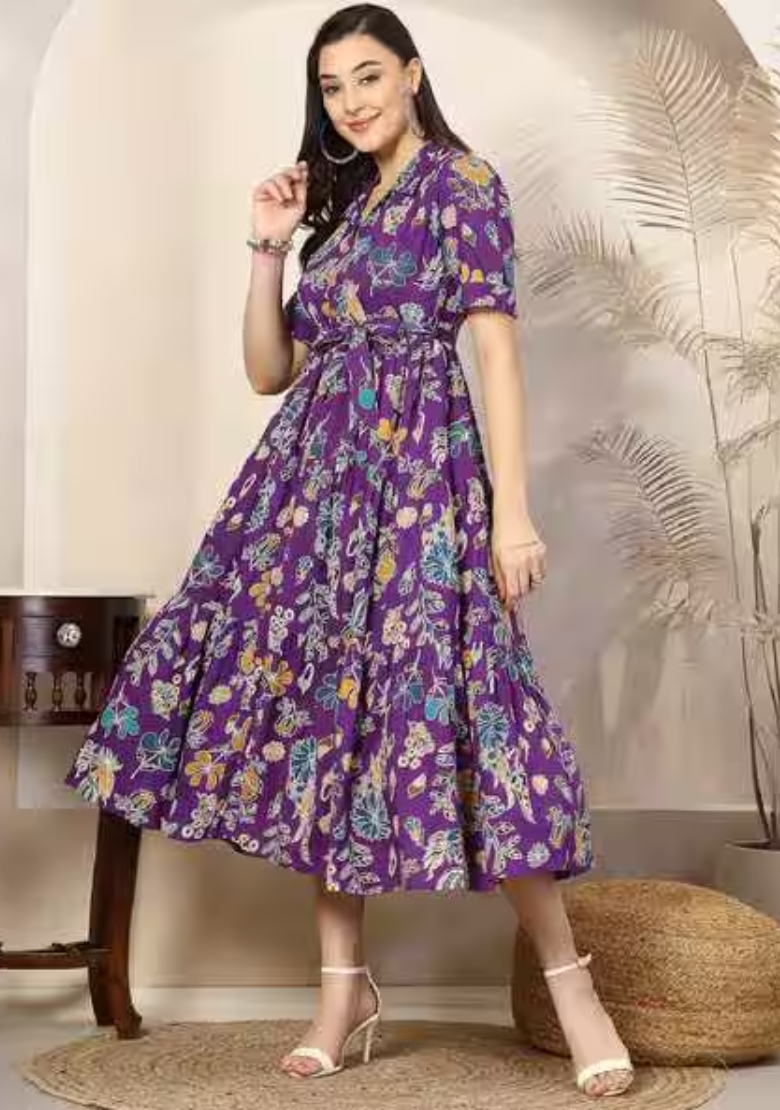 Floral Printed Chiffon Fit & Flare Midi Dress